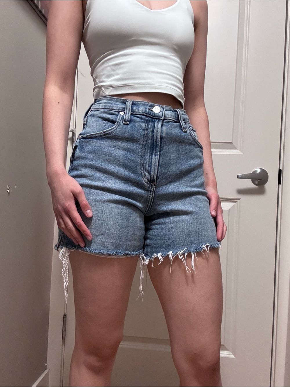 Silver Jeans Light Blue High-Rise Frayed Denim Shorts